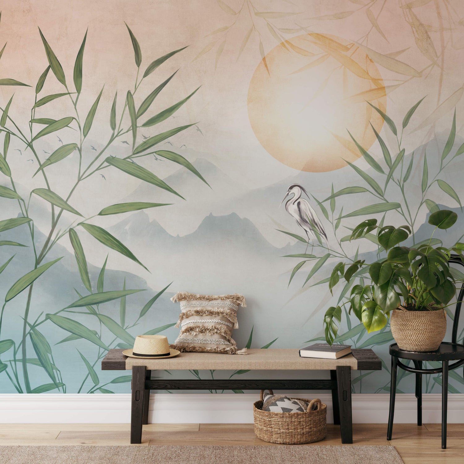 Heron and Bamboo Wallpaper Mural - Nature Scene with Mountains