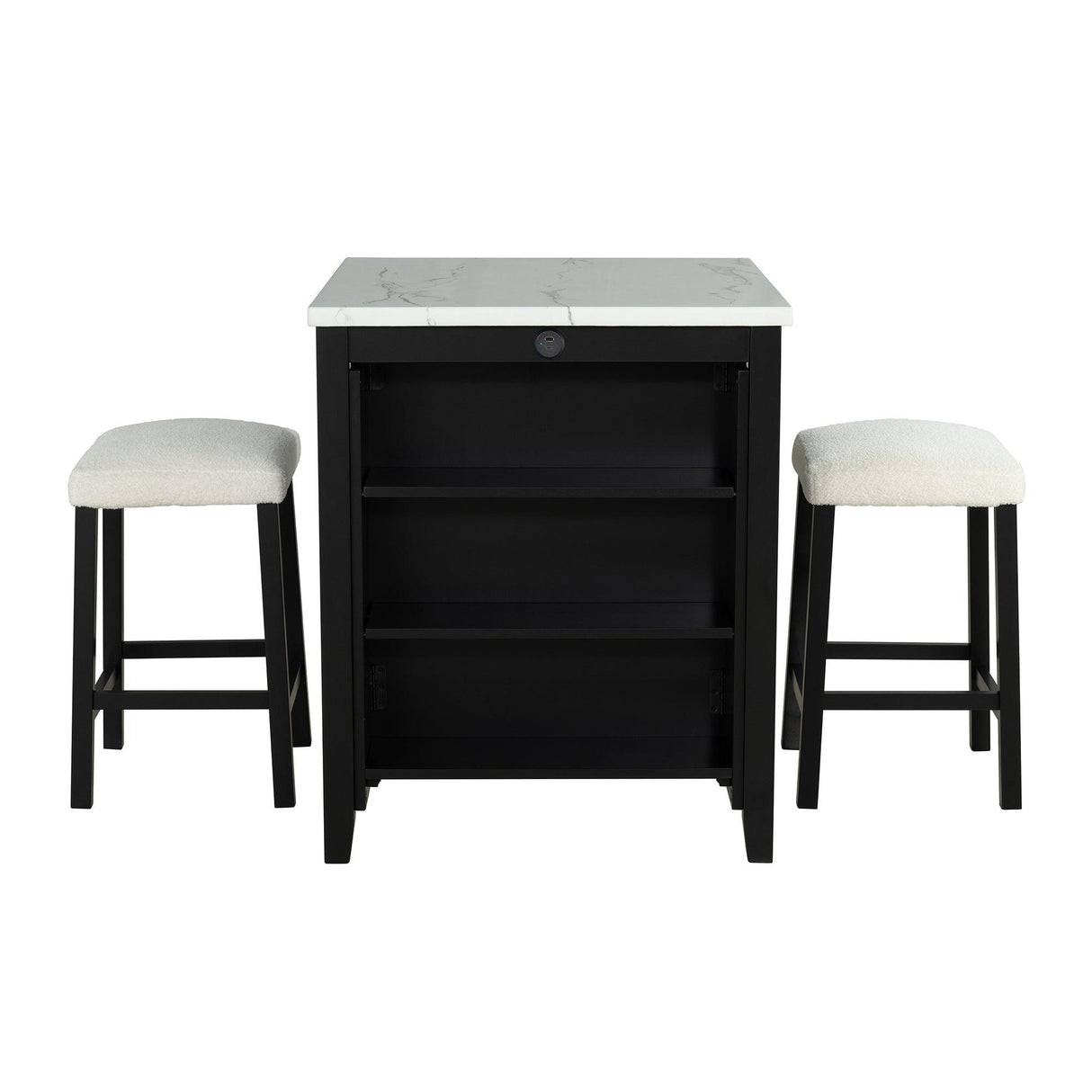 36" Modern Dining Table Set with 2 Stool, High Gloss Table Top, USB-A & USB-C Charging Ports