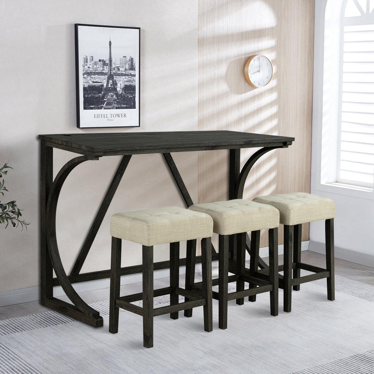 59" Rustic Dining&Bar Table Set with 3 Stools for Apartment, USB-A & USB-C Charging Ports