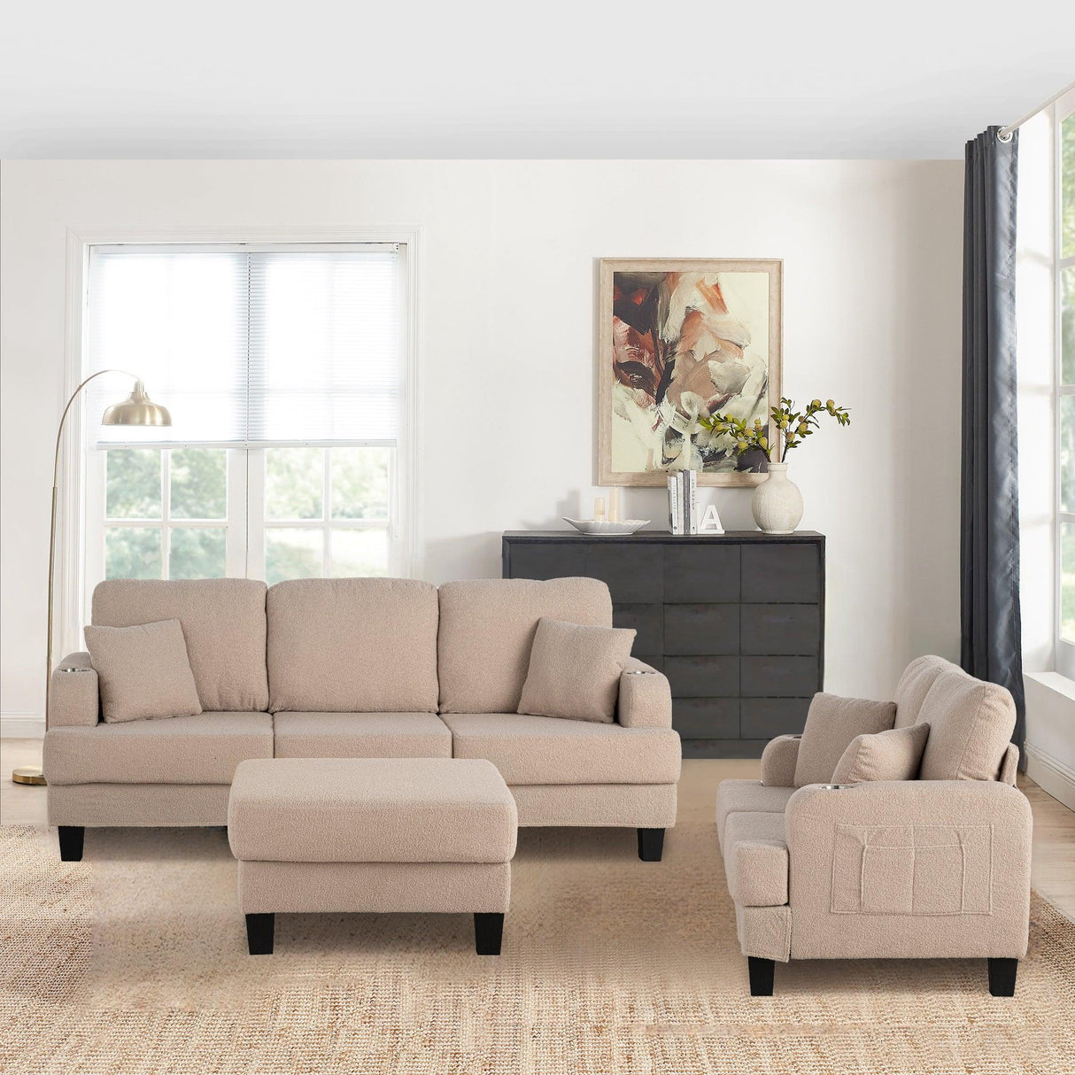 Beige 3-Piece Sofa Set with Storage Ottoman & USB Charging