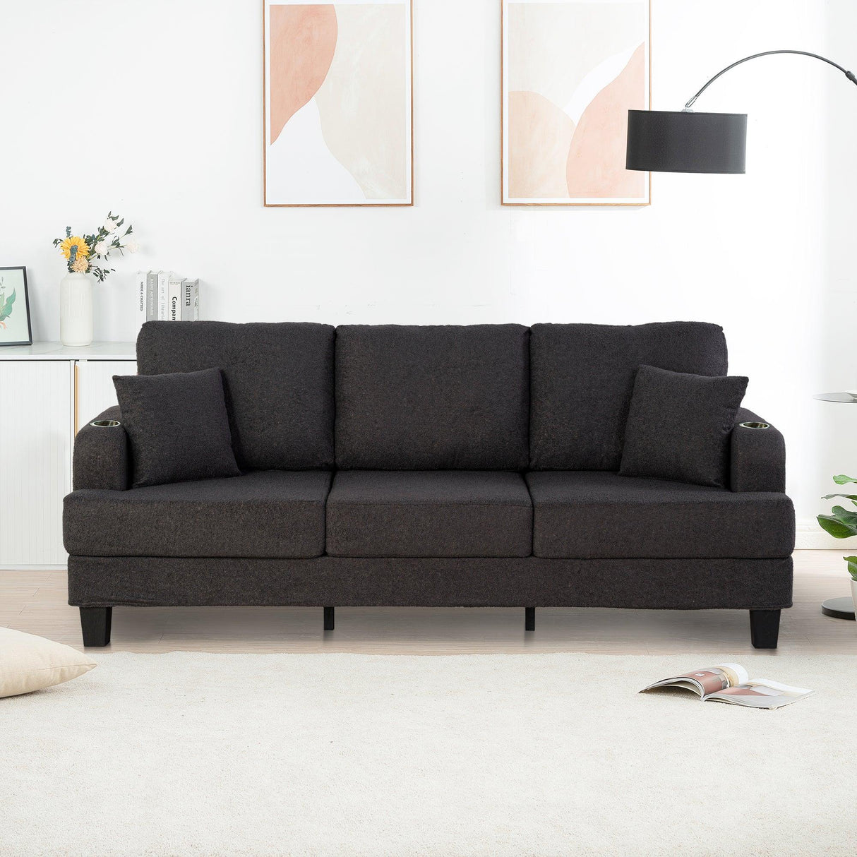 Dark Gray 3-Piece Sofa Set with Storage Ottoman & USB Charging