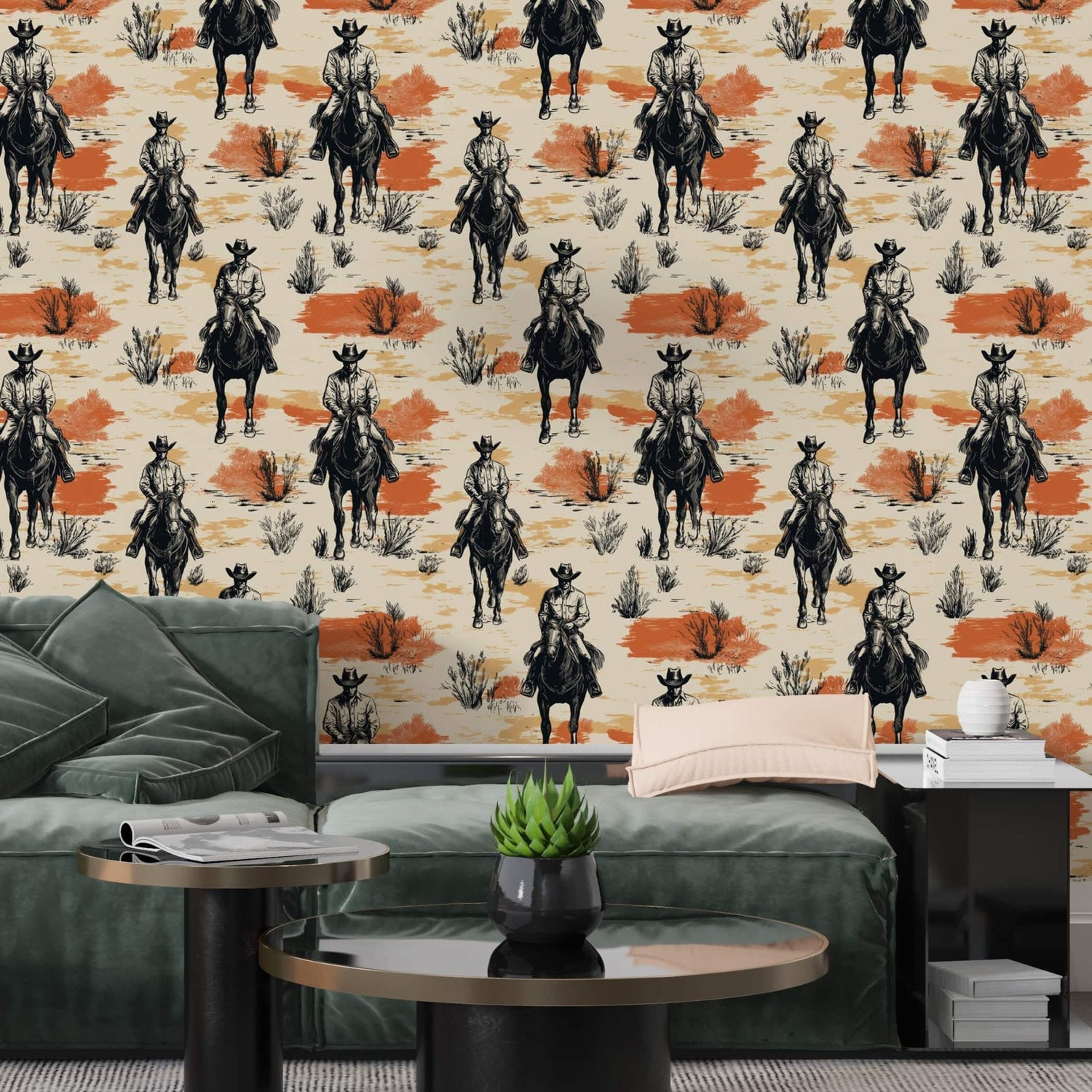 Western Cowboy Wallpaper - Cowboys on Horseback | Luxury Peel and Stick Wallpaper