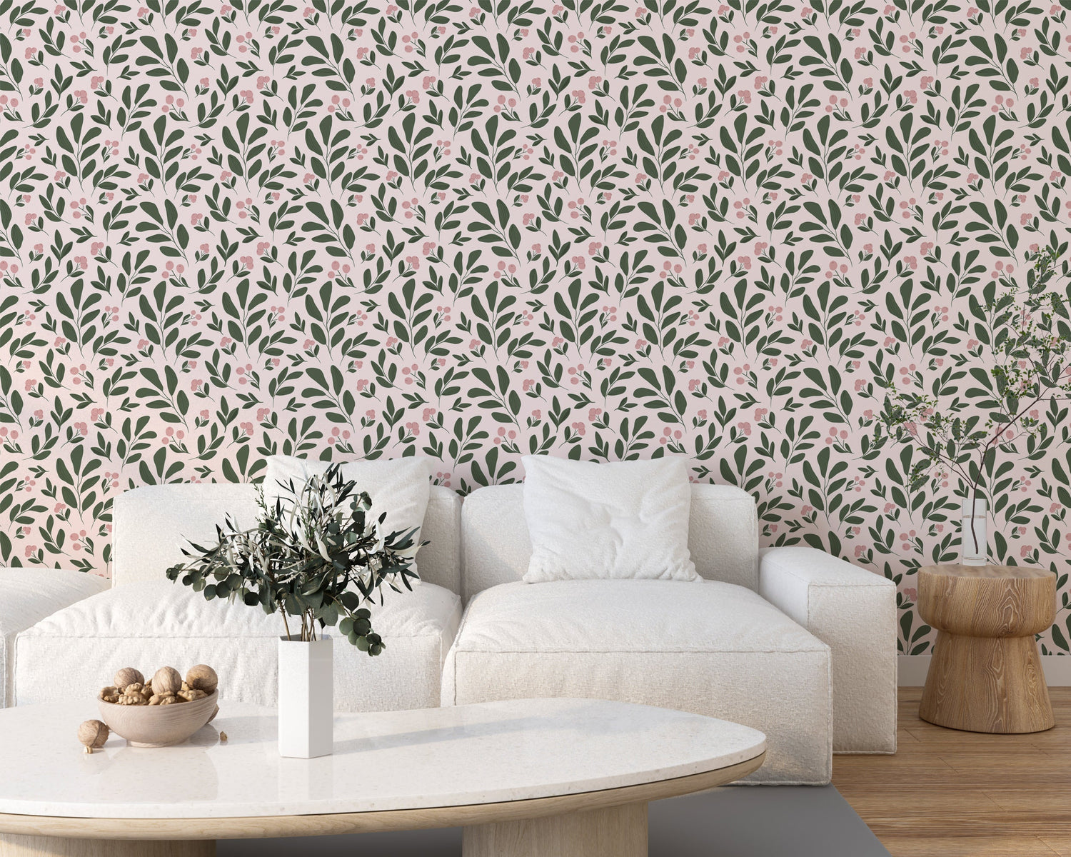 Pink Berry and Green Leaf Botanical Removable Wallpaper