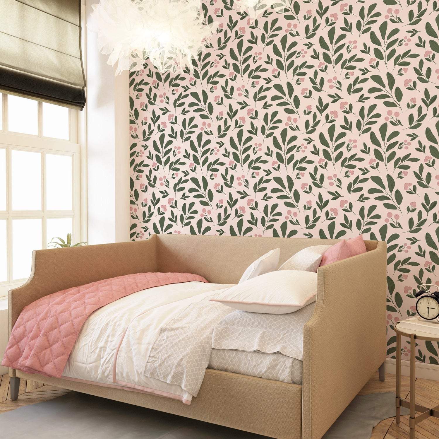 Pink Berry and Green Leaf Botanical Removable Wallpaper