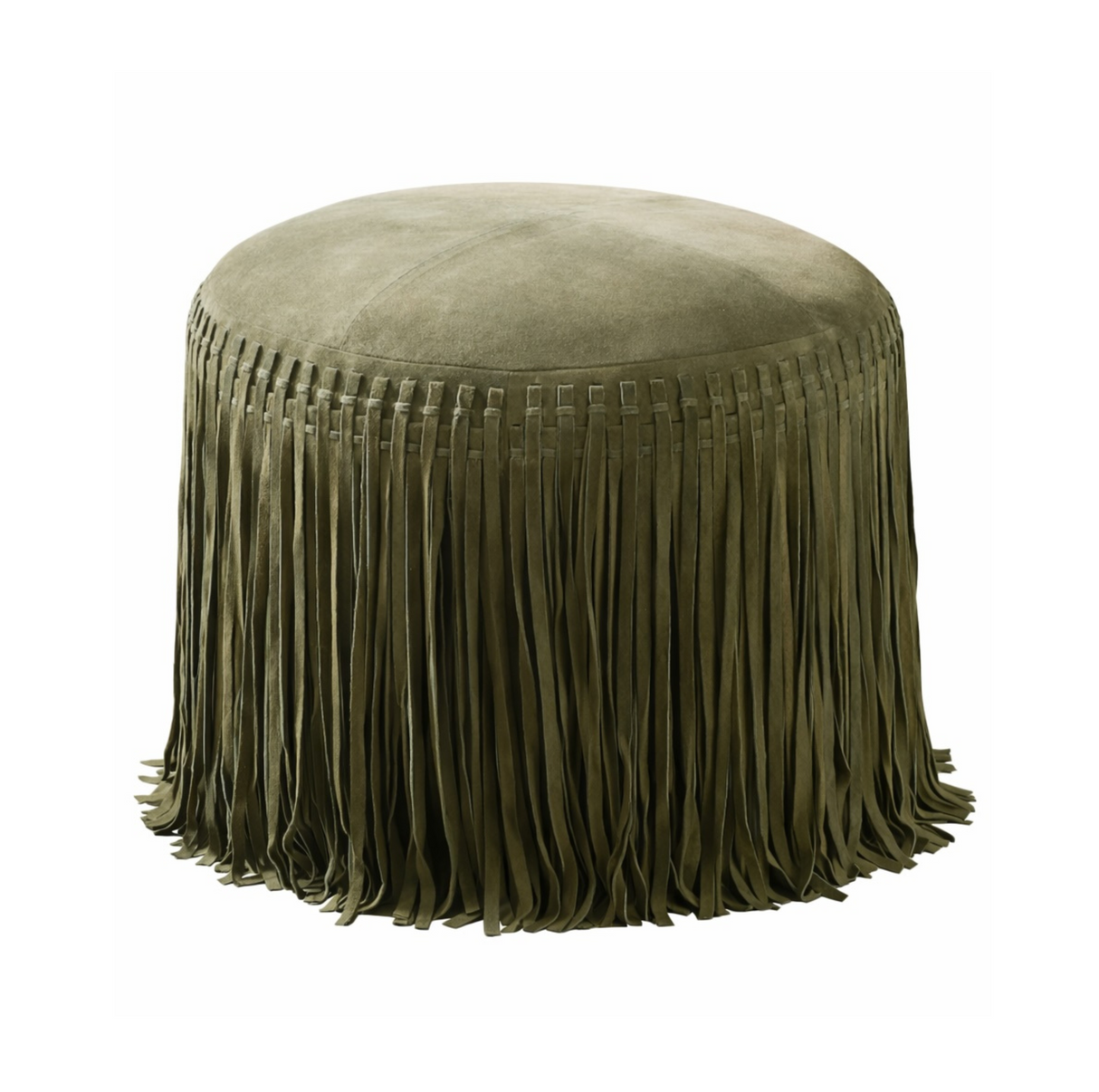 Suede Pouf w/ Fringe - Olive