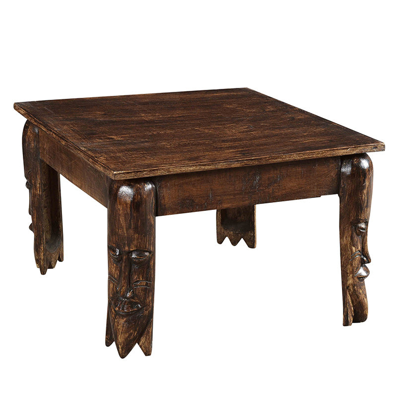 Eclectic Hand Carved Tribal Mask Wooden 24" Square End Table