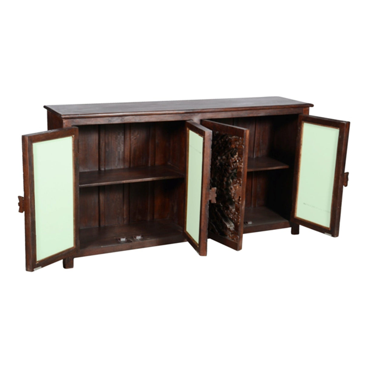 Lotus Carved 4 Door Mango Wood Sideboard With Mirror Accents