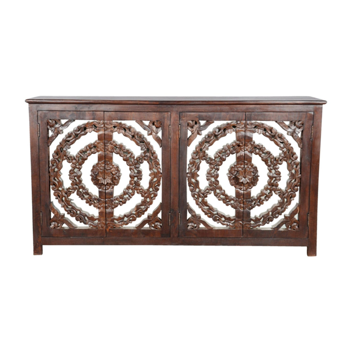 Lotus Carved 4 Door Mango Wood Sideboard With Mirror Accents