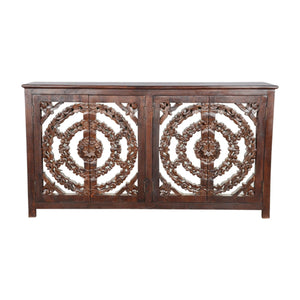 Lotus Carved 4 Door Mango Wood Sideboard With Mirror Accents