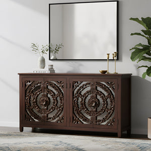 Lotus Carved 4 Door Mango Wood Sideboard With Mirror Accents