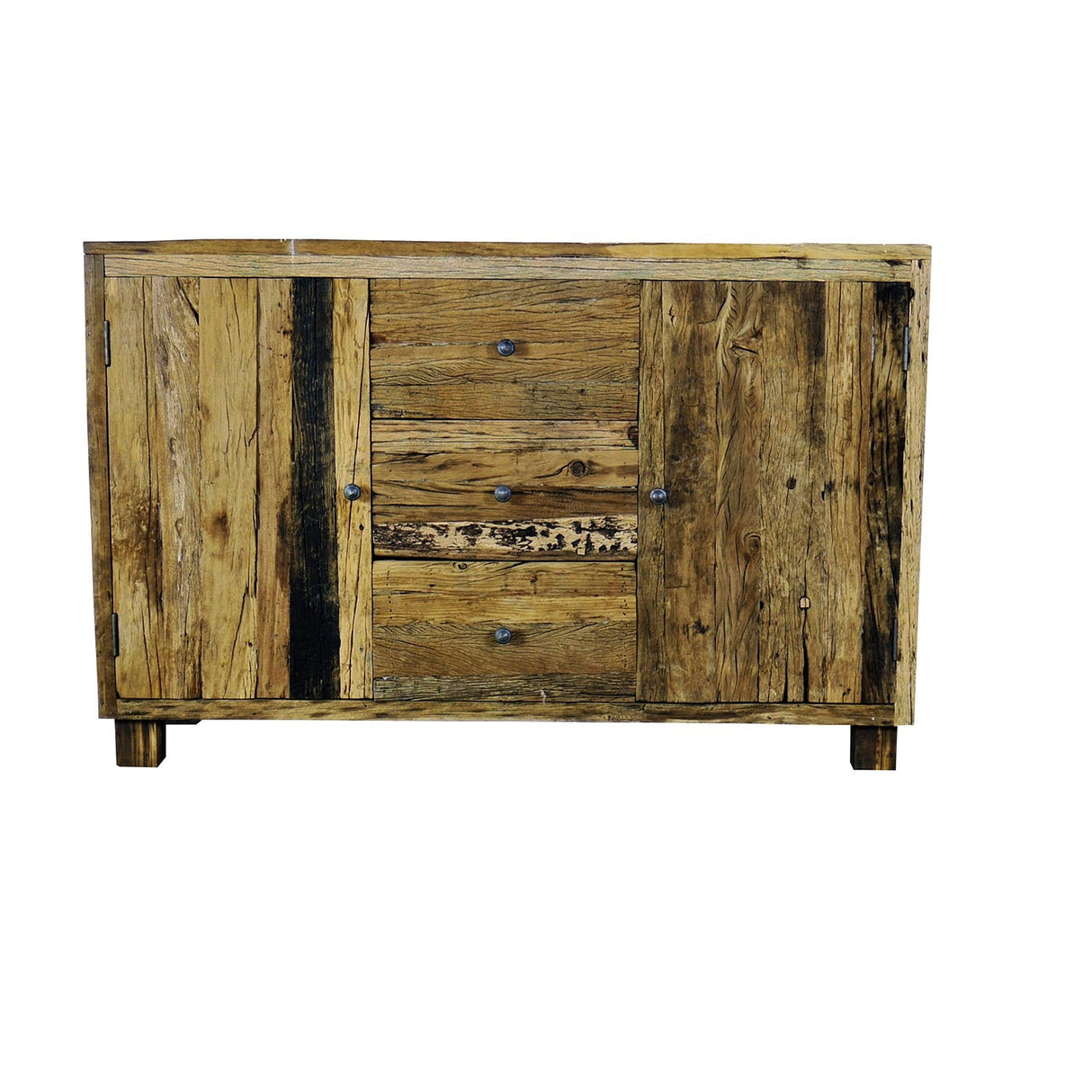 Ranch Style Rustic Aged Rail Road Ties Repurposed Teak Wood Sideboard Cabinet