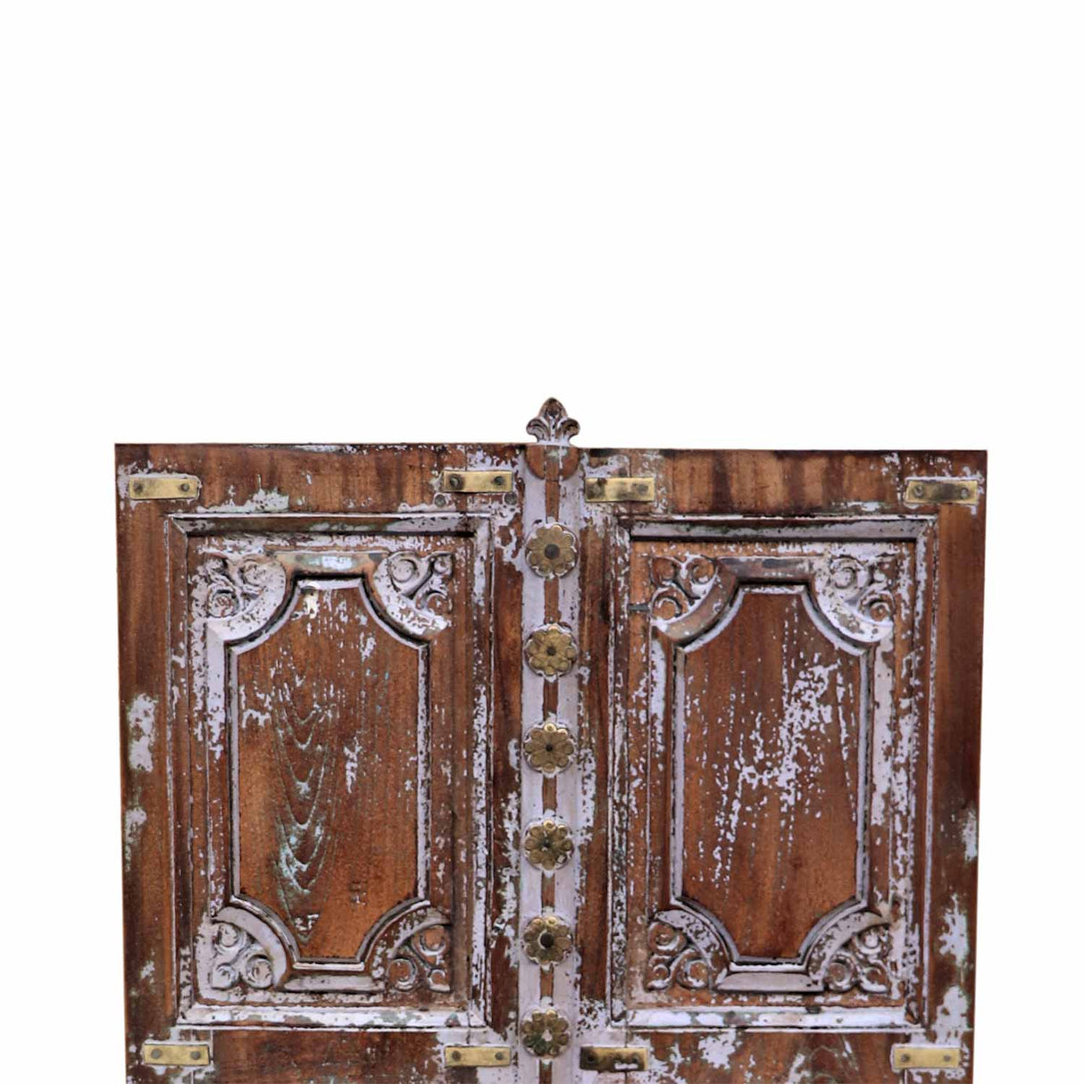 Eclectic Carved Vintage Window With Lavender Color Patina And Brass Accents