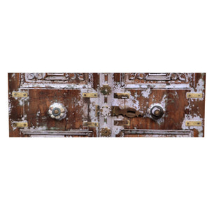 Eclectic Carved Vintage Window With Lavender Color Patina And Brass Accents