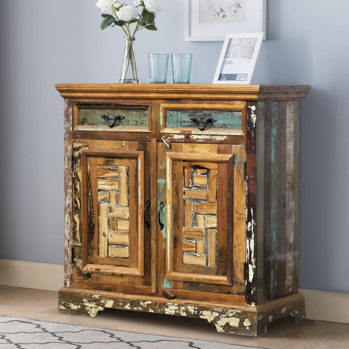 Farmhouse Style Distressed Reclaimed Wood 2-Door Cabinet