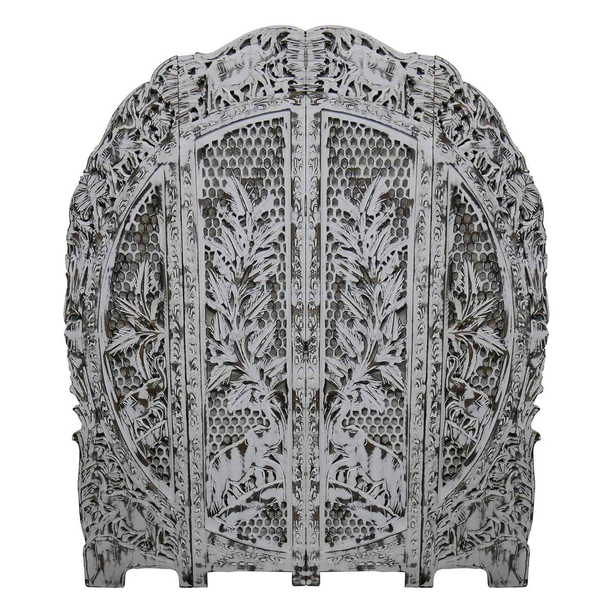 Eclectic Wooden Lattice Carved Floral Screen With Elephants