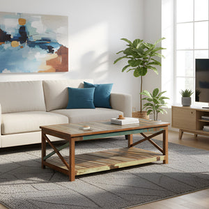 Farmhouse Style Reclaimed Wood Large Rectangle X-Design Coffee Table