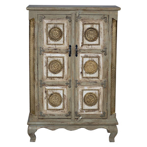 Elegant 2-Door Solid Wood Gray Tall Cabinet With Brass Accents