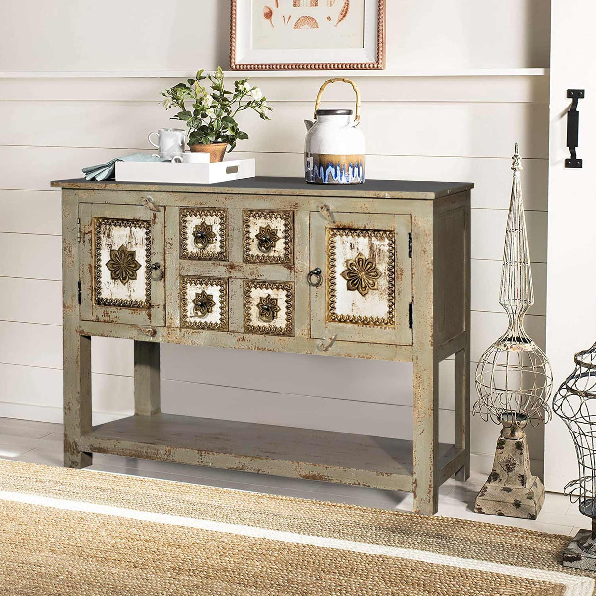 Mid Century Modern Solid Wood & Brass Accent Console With Drawers