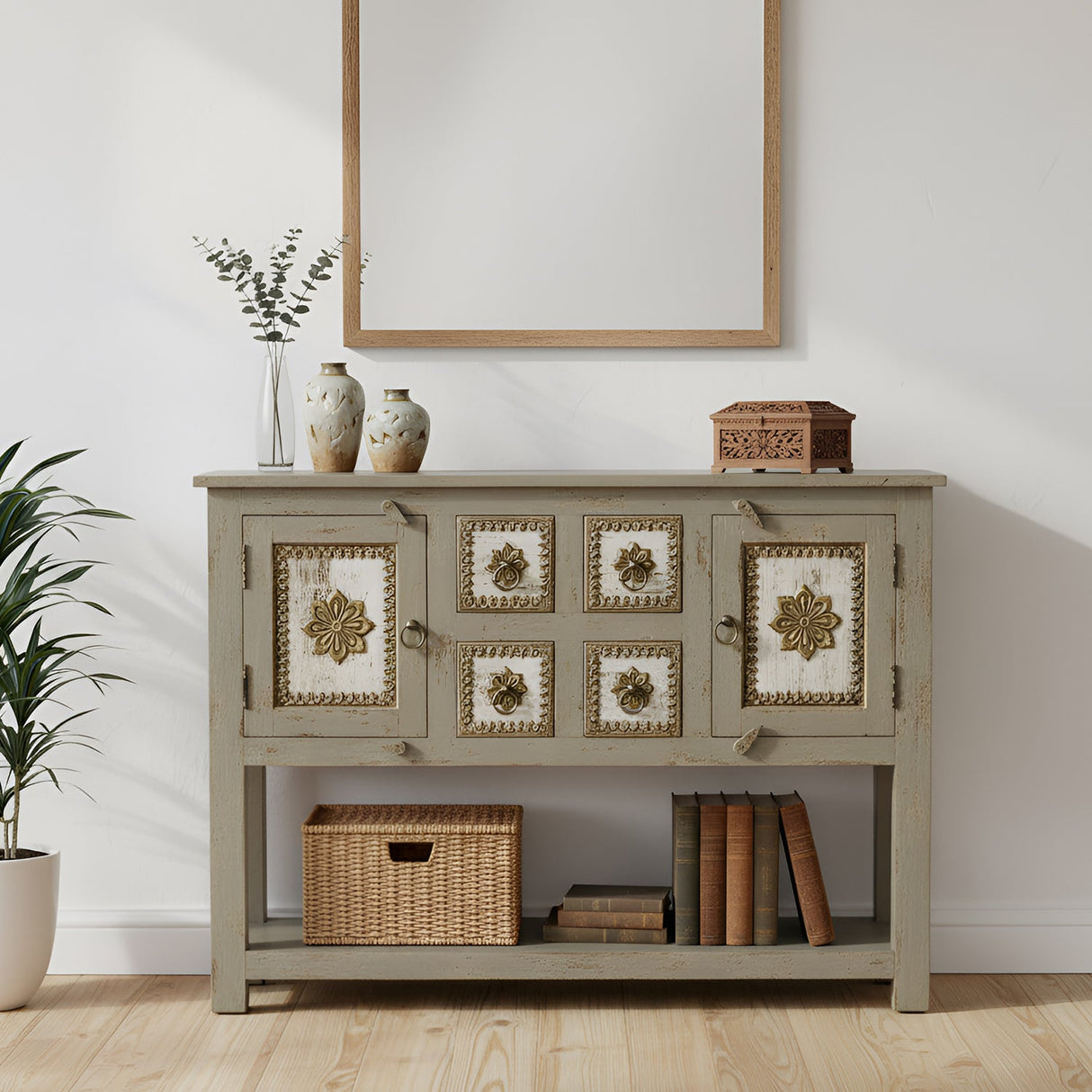 Mid Century Modern Solid Wood & Brass Accent Console With Drawers