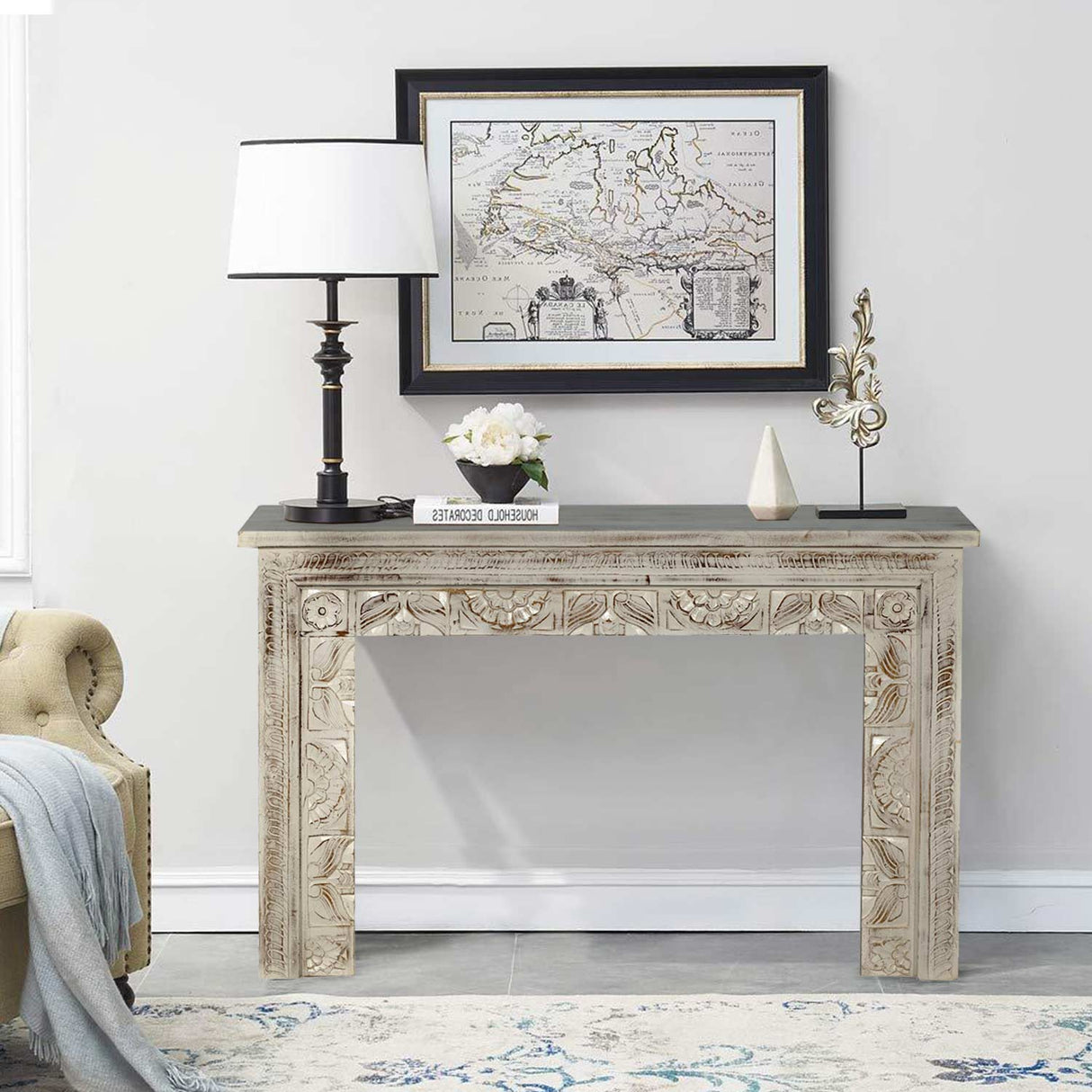 47 in. Long Mid Century Modern Solid Wood Carved Distressed Console