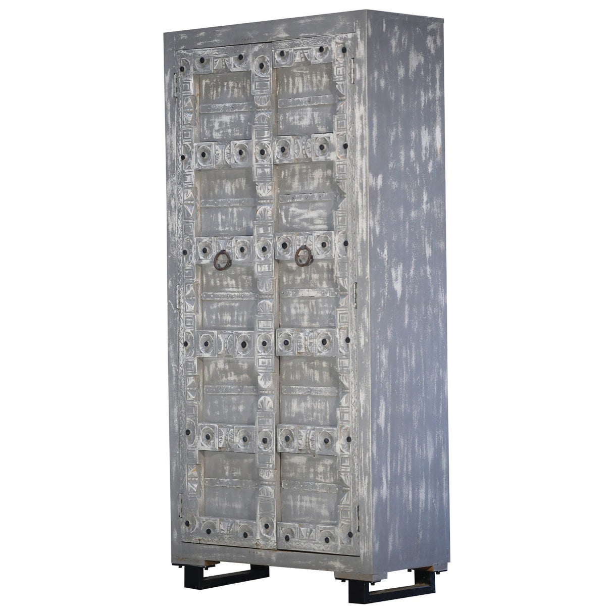 Mid Century Modern Carved Mango Wood Gray Distressed Armoire