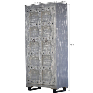 Mid Century Modern Carved Mango Wood Gray Distressed Armoire