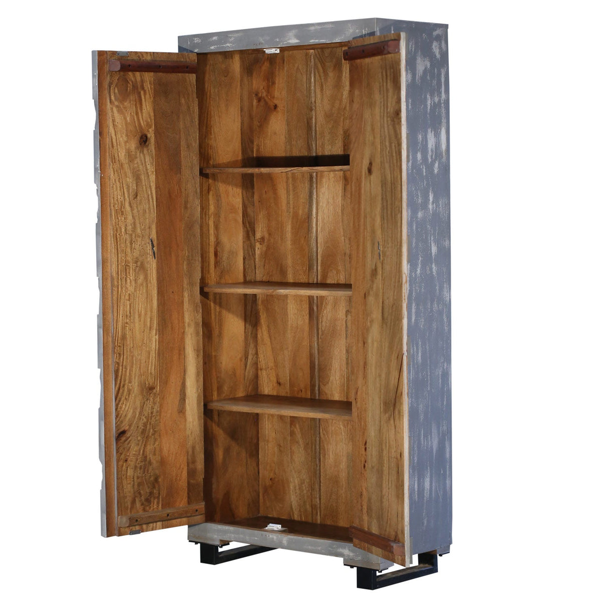 Mid Century Modern Carved Mango Wood Gray Distressed Armoire