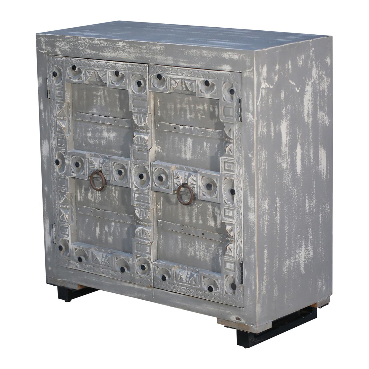 Gray 2-Door Carved Mango Wood Cabinet