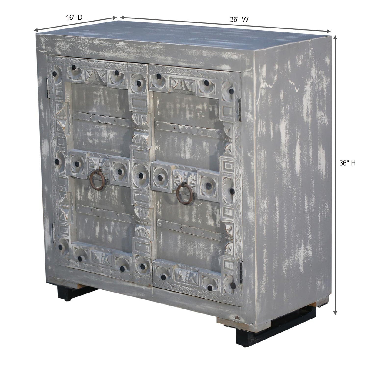 Gray 2-Door Carved Mango Wood Cabinet
