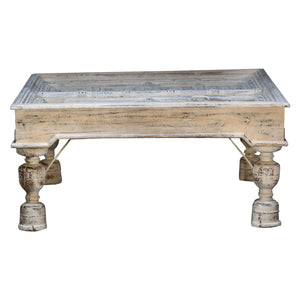 Antique Teak Wood Door Repurposed 43" Square Distressed White Coffee Table