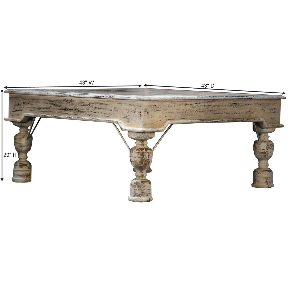 Antique Teak Wood Door Repurposed 43" Square Distressed White Coffee Table