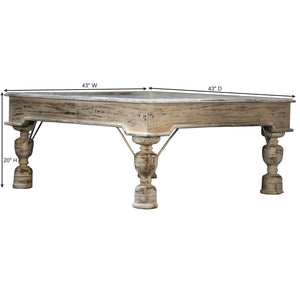 Antique Teak Wood Door Repurposed 43" Square Distressed White Coffee Table