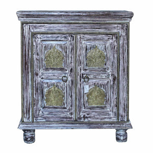 Distressed White 2 Door Small Cabinet With Brass Accents