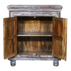 Distressed White 2 Door Small Cabinet With Brass Accents