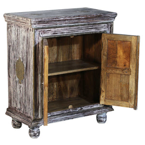 Distressed White 2 Door Small Cabinet With Brass Accents
