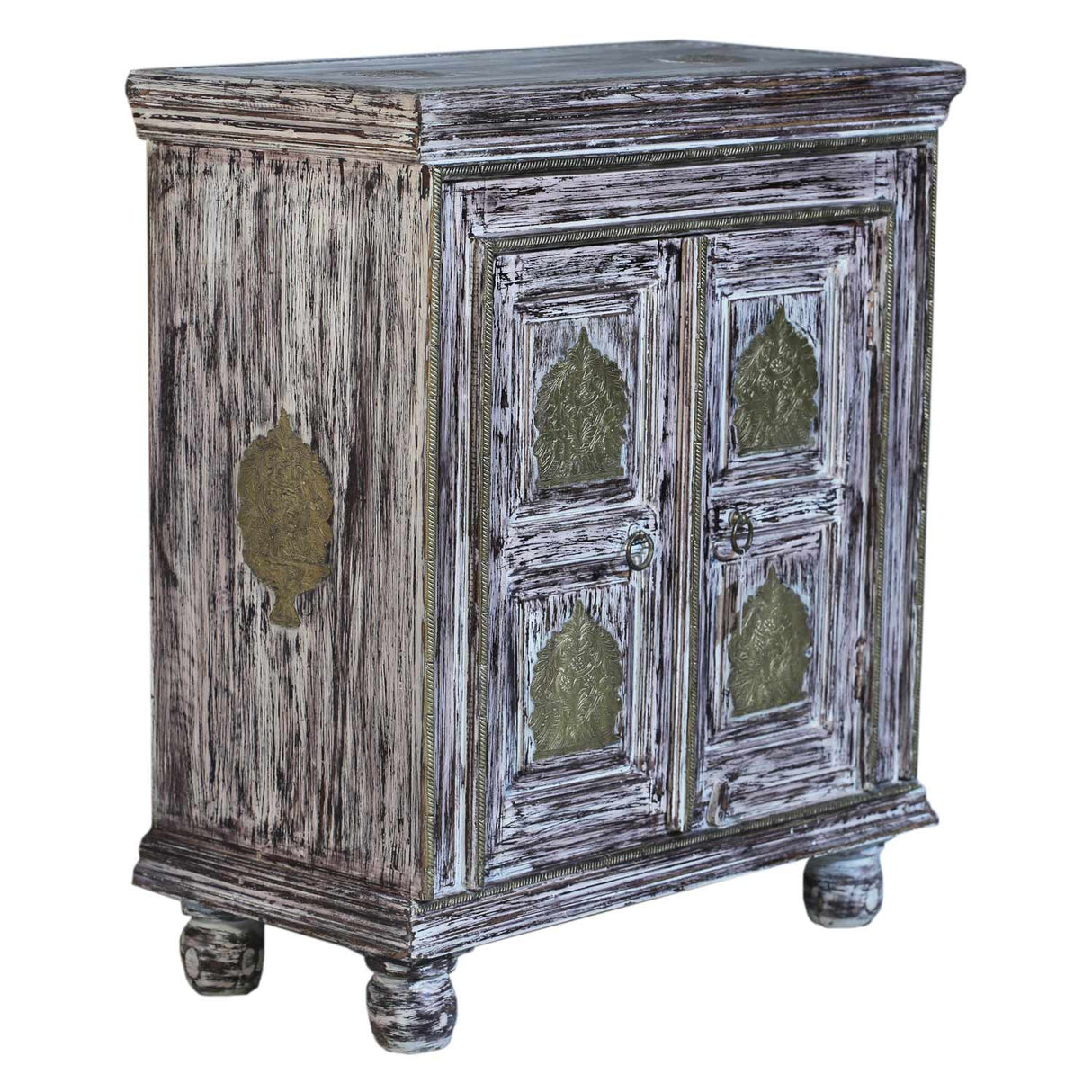 Distressed White 2 Door Small Cabinet With Brass Accents
