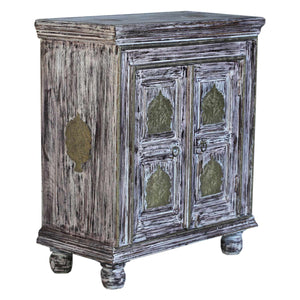 Distressed White 2 Door Small Cabinet With Brass Accents