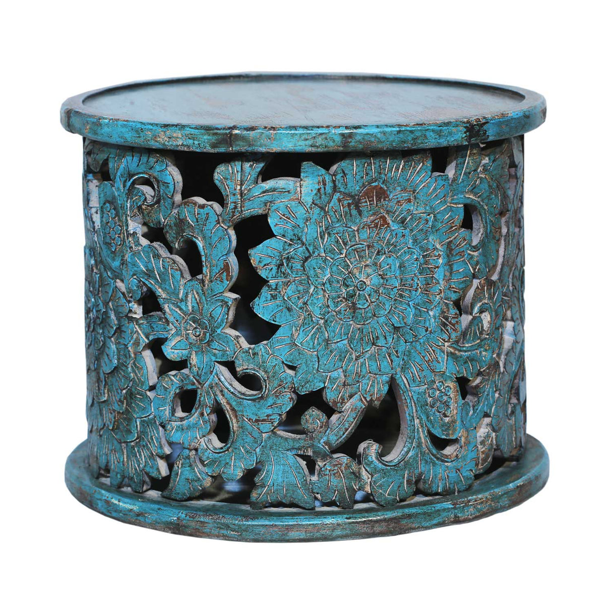 Farmhouse Style Hand Carved Lattice Distressed Blue Round Side Table