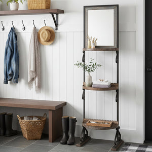 Farmhouse Style Iron & Wood Display Rack With Mirror