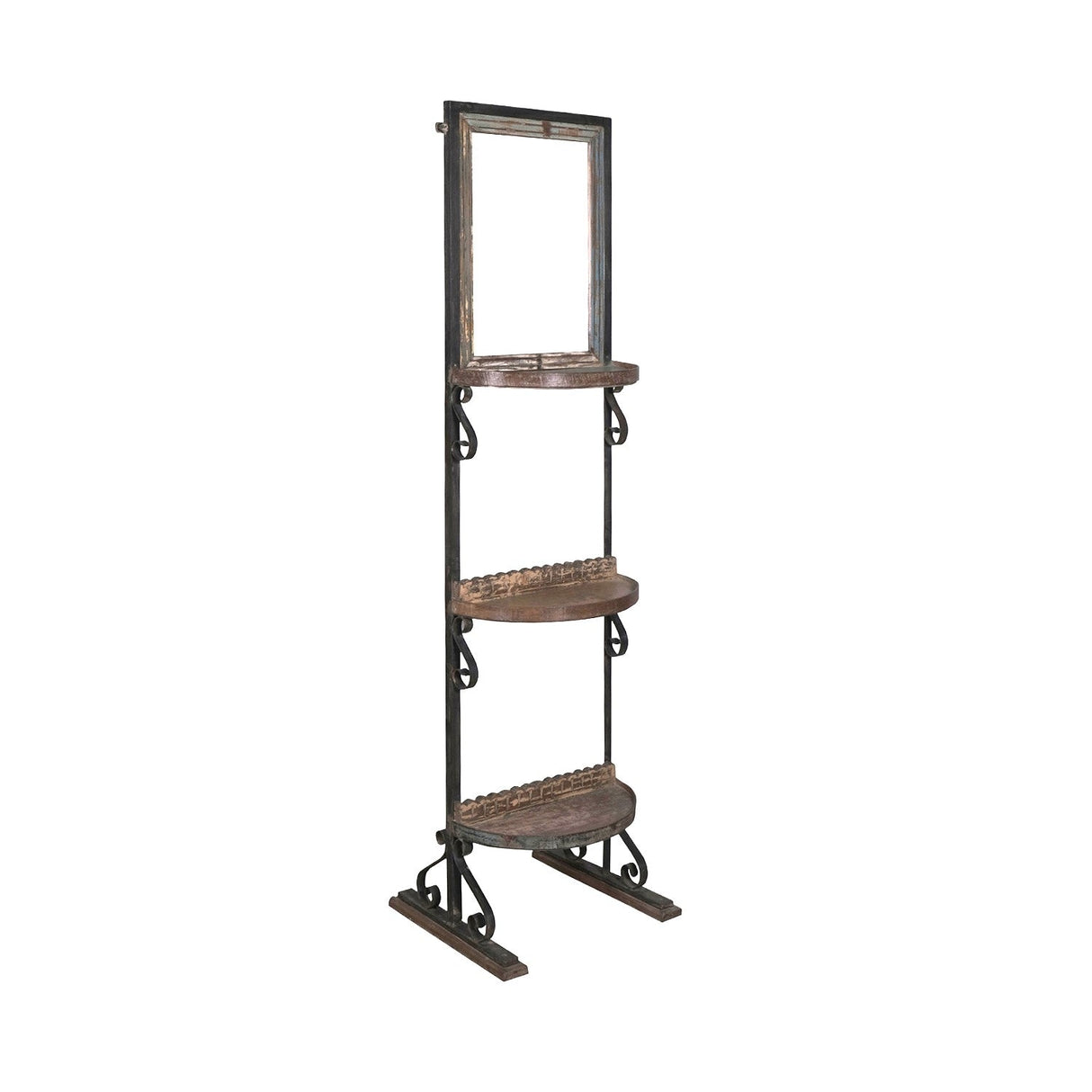 Farmhouse Style Iron & Wood Display Rack With Mirror