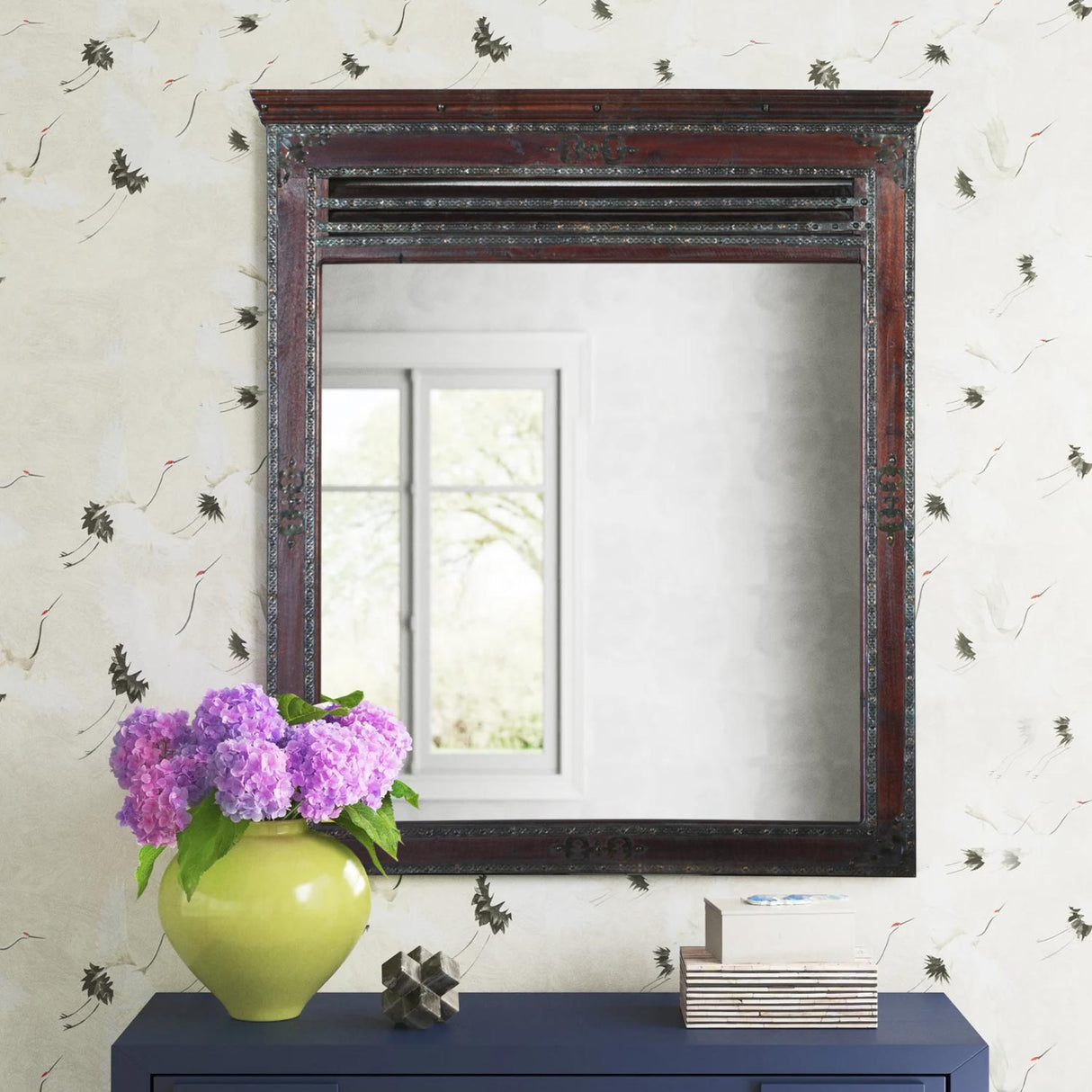 Handcarved Solid Wood Vanity Mirror With Metal Accents