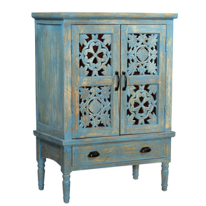 Farmhouse Style  Lattice Carved Solid Wood 32" Wide 2 Door Storage Cabinet