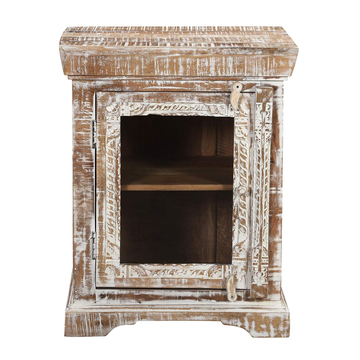 Farmhouse Style Solid Wood Carved Distressed White Nightstand With Glass Door