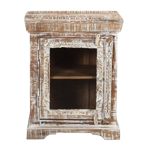 Farmhouse Style Solid Wood Carved Distressed White Nightstand With Glass Door