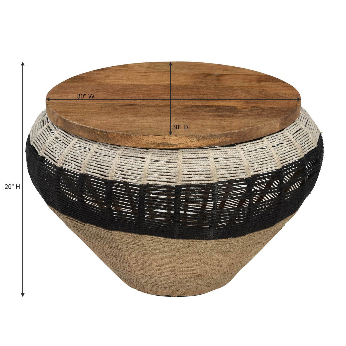 Farmhouse Style Woven Rope And Wood 30" Round Coffee Table