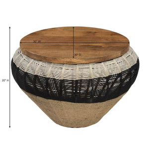 Farmhouse Style Woven Rope And Wood 30" Round Coffee Table