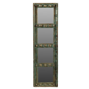 Antique Door Panel With Brass Pins Accents And Mirror Wall Hanging