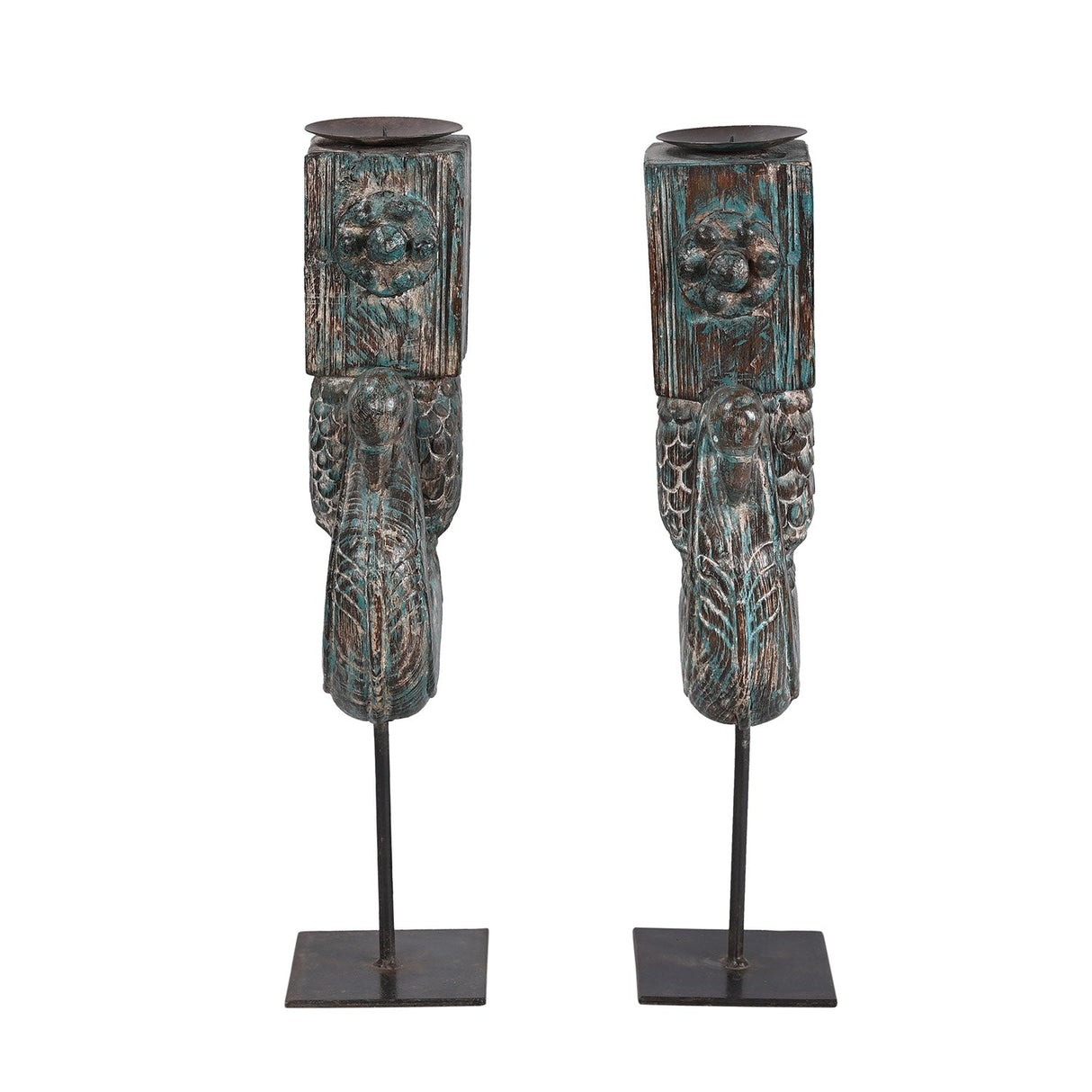 Antique Peacock Carved Corbel Repurposed 22 in. Tall Candle Holders - Set of 2