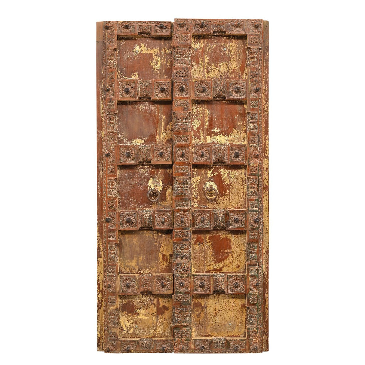 Antique Hand Carved Teak Wood Distressed Painted Surati Door Wall Art