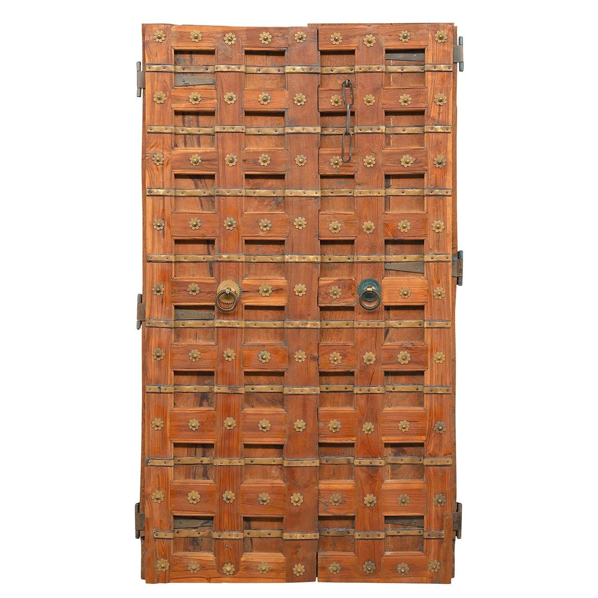 1900s Vintage Teak Wood Door With Original Brass Straps And Decorative Flower Pins